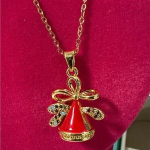 Christmas Bell Stainless Steel Gold Tone Necklace & Teal Jewelry Travel Case